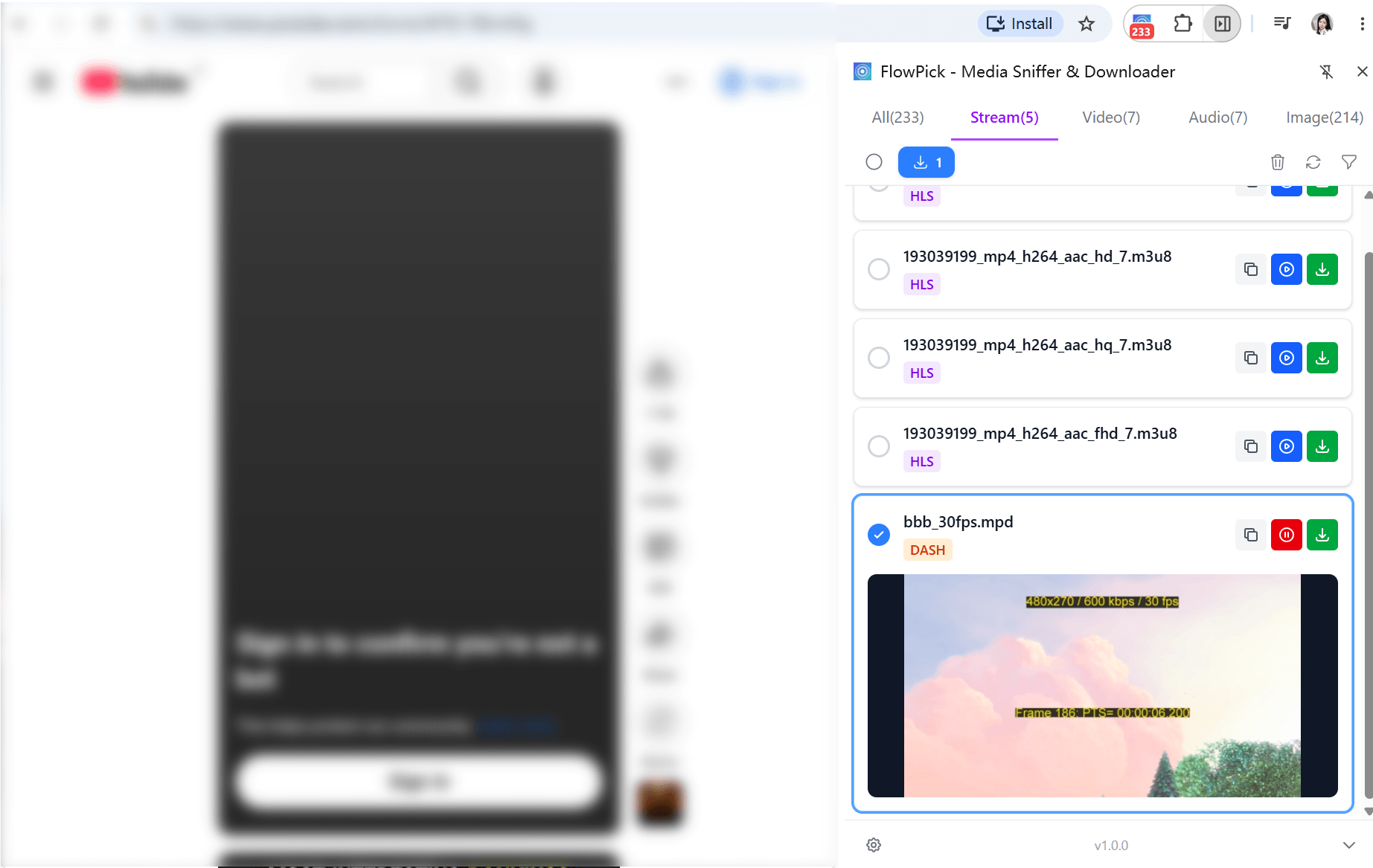 FlowPick detecting DASH streams on Bilibili