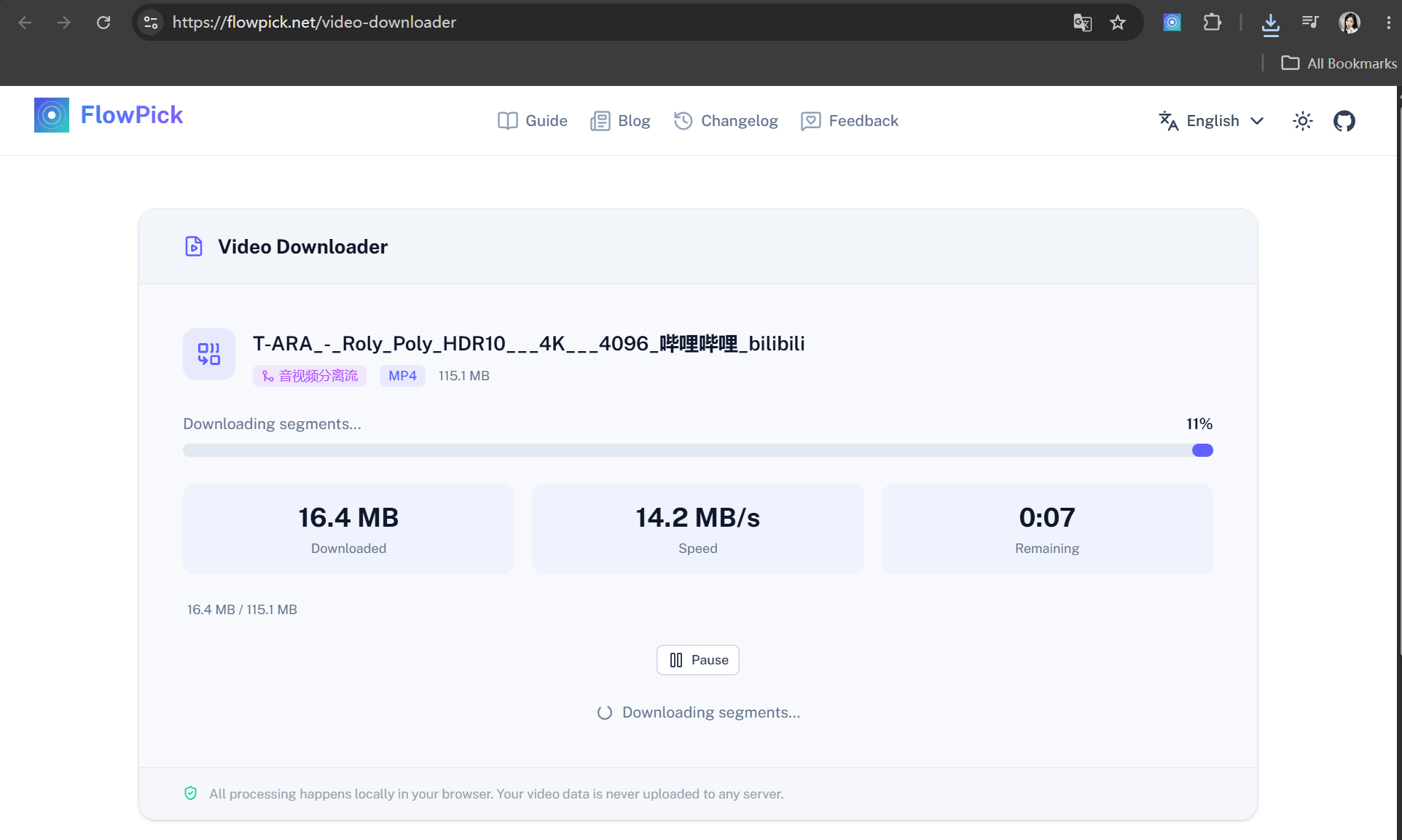 FlowPick downloading a direct-link video