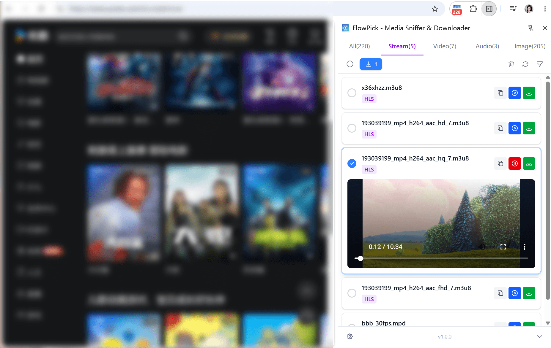 FlowPick popup showing detected HLS streams