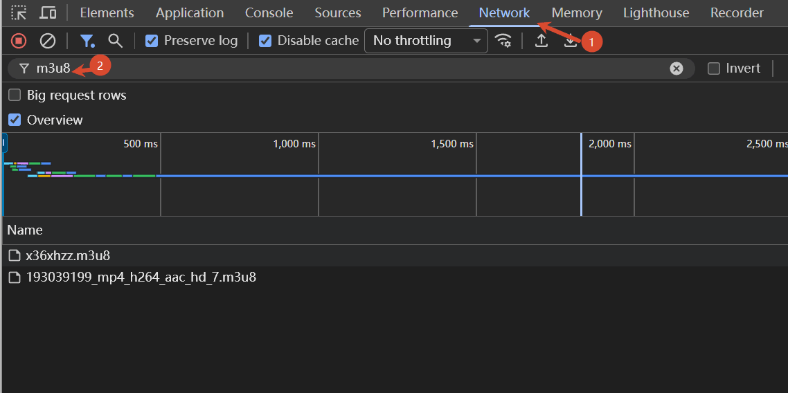 Filtering m3u8 in the Network tab